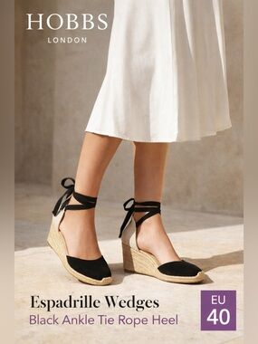 Hobbs London Espadrille Wedges Black Ankle Tie Rope Heel EU 40 us 9 summer jute